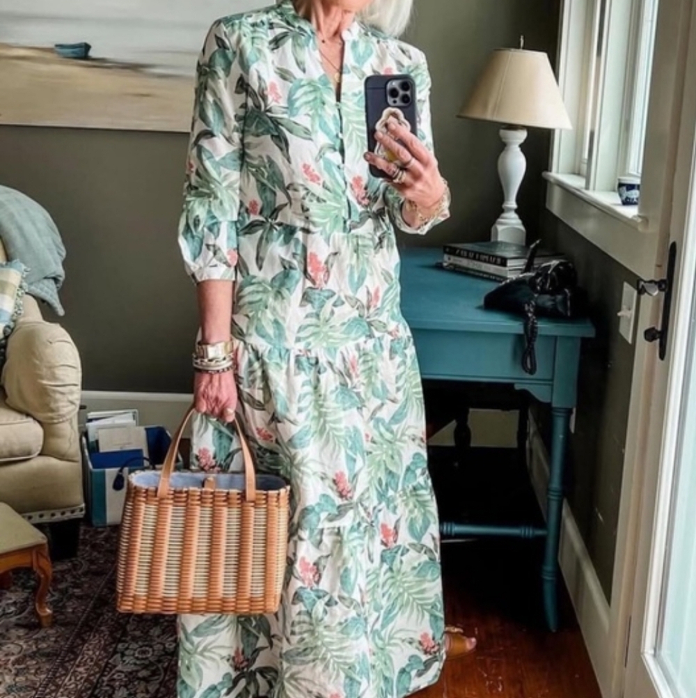 J. McLaughlin Cunningham Palm Print Linen Blend Tiered Shirt Dress M Resort - Picture 15 of 15